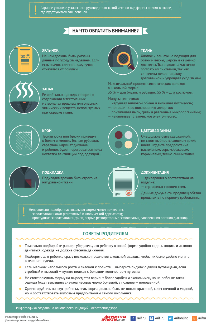 При выборе школьной формы для ребёнка важно учитывать, что он будет проводить в ней по 5–6 часов и более. Поэтому одежда должна обеспечивать сохранение детского здоровья.